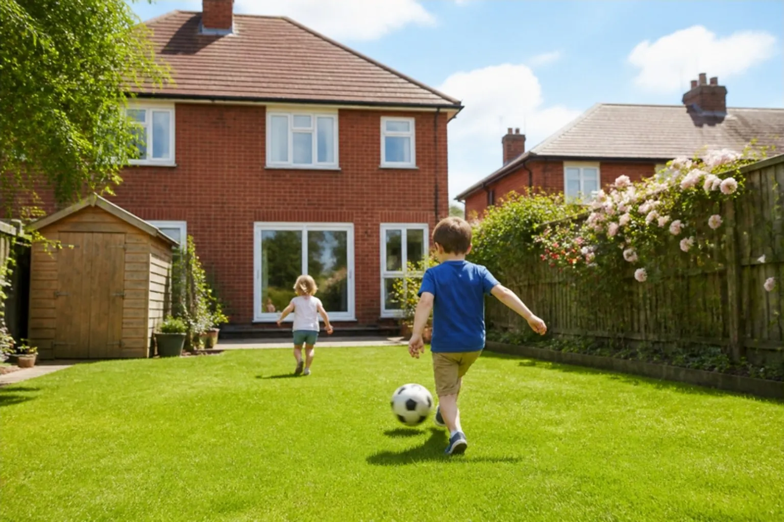 Two children playing football on a new back lawn behind a red-brick semi with a wooden shed