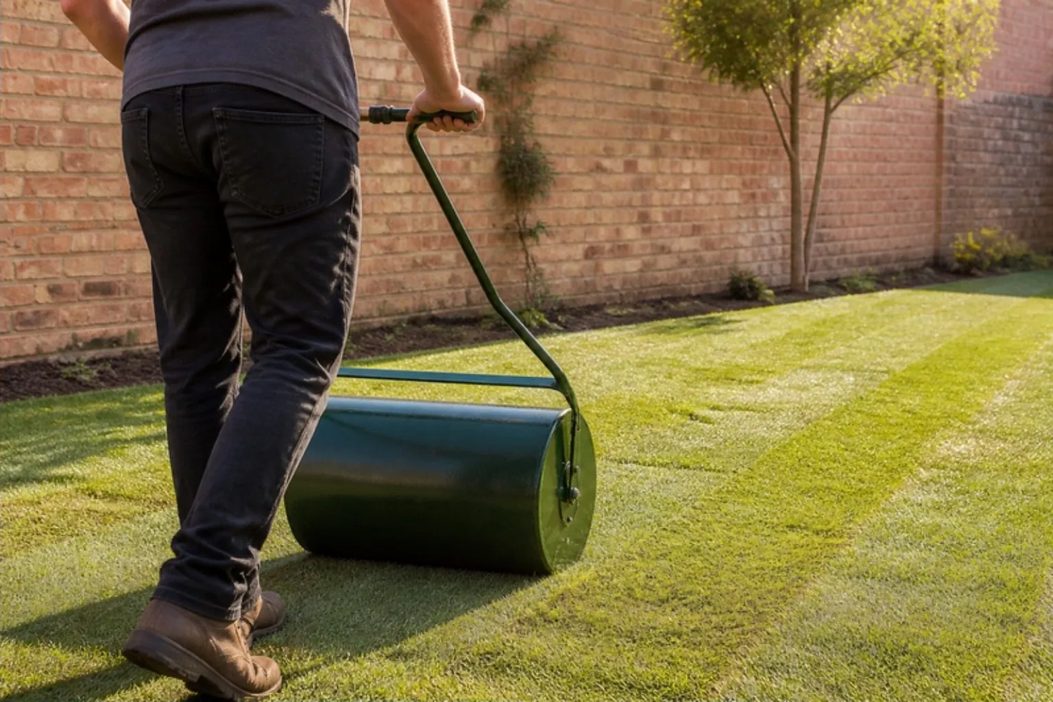 Garden roller being pushed over freshly laid turf beside a brick garden wall