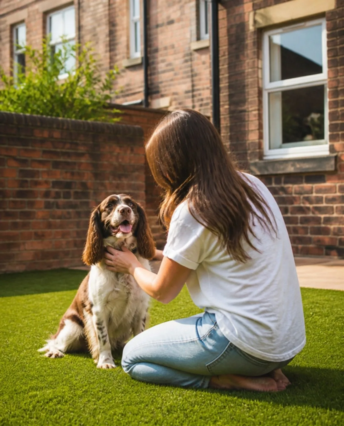 Woman kneeling with a springer spaniel on a new lawn behind a red-brick Victorian terrace
