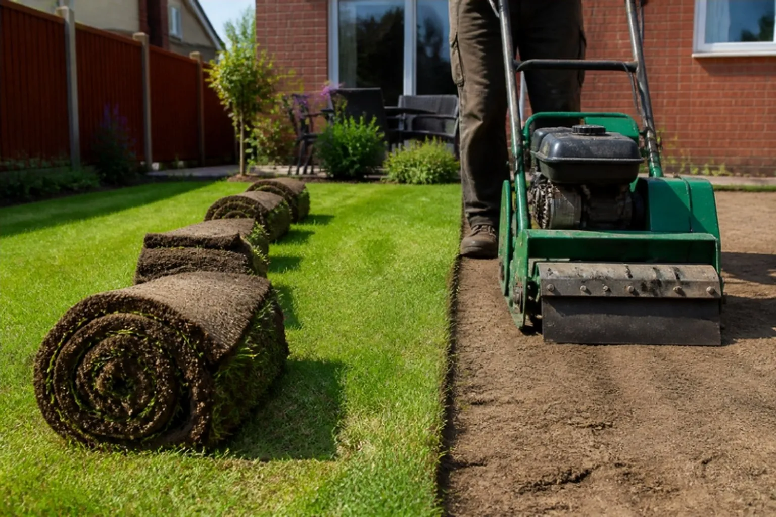 Turf cutter lifting strips of an old lawn, with the cut strips rolled up in a row beside bare soil